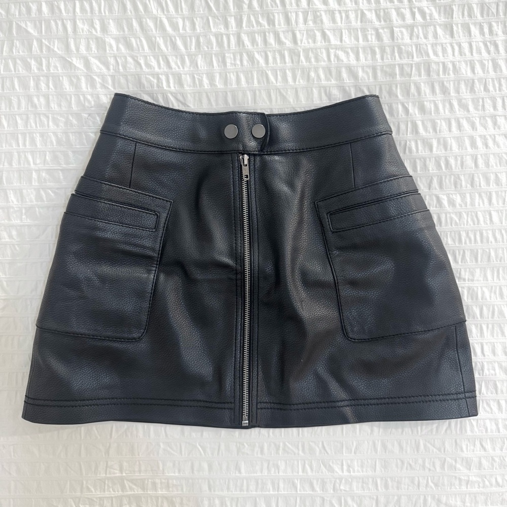 Free People Black Leather Mini-Skirt with Silver Accents